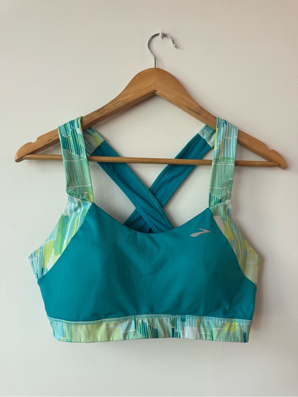 Brooks Crossback High Impact Sports Bra Teal Green Geometric Print 36CD 38C Larg